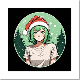 green haired anime girl in christmas Posters and Art